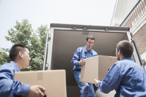 Commercial moving equipment and boxes near central London offices